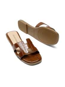 Women Slides Sandals Summer Flats Slippers With Crocodile Pattern Upper Design Elegant Fashion Vacation Daily Lady Flat Sandals Shoes - màu nâu - Xem 5