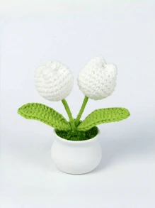 1pc/2pcs 2 Flower Heads (White), DIY Handmade Mini Potted Plant, Crochet Tulip, Mother's Day Gift, Home, Office, Desktop, Wedding, Birthday, Holiday Decor, Christmas & New Year Gift, For Boyfriend/Girlfriend/Father Gifts Graduation