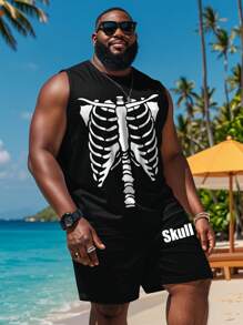 1 套加大码男士 3D 印花运动服套装 - 透气涤纶、圆领背心和抽绳短裤 - 适合运动、健身、节日派对训练 - 黑色 - 查看 3