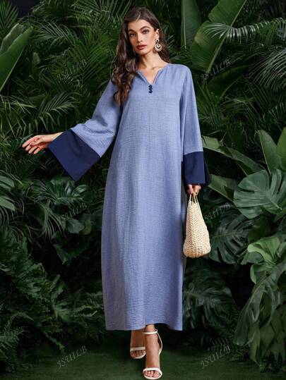 Women's Fashionable And Elegant Spring And Summer Casual Dress, Retro Color, Buttons With Front Row Details, Spliced ​​Cuff Dress, Suitable For Casual Wear In Spring, Simple And Elegant Dress