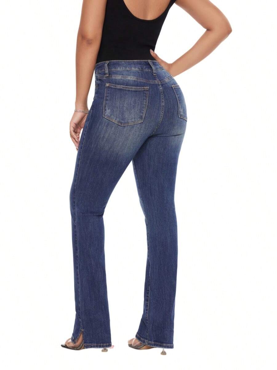 Plus Size Women Straight Leg Jeans High Rise Slit Hem Bootcut Stretchy Denim Pants Casual Daily