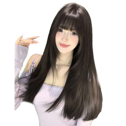 SHUDUO 1 Tóc giả thẳng tổng hợp chịu nhiệt màu đen-nâu, dài 24", có mái, làm từ sợi để sử dụng hàng ngày, tóc giả tự nhiên và chân thực (Không bao gồm phụ kiện)