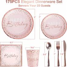 175PCS Happy Birthday Plates And Napkins Party Supplies Disposable Dining Plate, Paper Pink And Rose Gold Plastic Forks Knives Spoons Serve 25 Guests For Girl Women - Vàng hồng - Xem 2