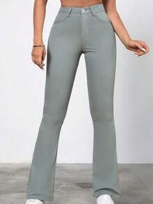 Pantalones vaqueros de tiro alto con campana para mujeres, pantalones vaqueros acampanados rasgados, atuendo de oficina para mujeres de estilo occidental