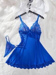 Women's Solid Color Mesh Contrast Lace See-Through Sexy Camisole Nightgown, Rave - Royal Blue - View 2