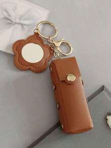 1pc Mini Lipstick Holder Keychain With Compact Mirror Lipstick Sleeve Pouch Pu Leather Lip Balm Portable Pocket Lip Gloss Holder Women Girls Gift, Cute Lipstick Holder Keychain With Flowers Shaped Mirror, Women's Makeup Bag, Keychain Pendant, Purse, Wallet, Bag Accessories, For Vacation, Holidays, Travel For Trip For Lip Gloss Lipstick Lip Oil Lip Balm - Multicolor - View 5