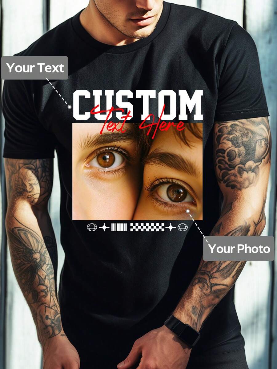Customized Men Graphic T-Shirt, Input Your Text/Blessing/Fun Message/Greeting, Upload Your Photo/Couple Photo/Best Friend/Pet/Landscape, Customize Black Tee Shirt For Spring/Summer, Valentine's Day, Holiday Gift, Anniversary Gift, Company Team Uniform, Music Festival, Gift For Him, Men Round Neck Short Sleeve T-Shirt Top, Party Attire, Men Black Short Sleeve, Summer Men Top