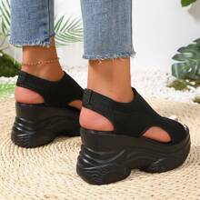 Damen Plateausandalen einfarbig, Lässig Offene Zehen Plateau-Sohle Schuhe, Sommer Schnür-Sandalen Modische Sneaker - Schwarz - Übersicht 2