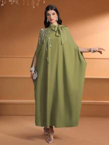 Women Solid Color Tie Collar Pearls Embroidered Beading Shoulder Patch Elegant Arabic Modest Kaftan - Fruit Green - View 3