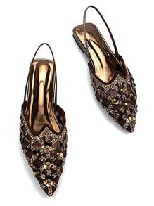 2025年秋季女士迷人水钻铆钉装饰花朵古铜色绒面革露趾平底鞋，优雅舒适，适合日常穿着和派对 - 銅色 - 查看 3