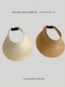 Adjustable Empty Top Straw Hat, New Summer Fashion Unisex UV Protection Foldable Wide Brim Sun Hat, Casual Versatile Bohemian Retro Street Elegant Style, Polyester Fabric, Spring Summer