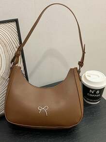 Simple New Bow Decor Solid Color PU Leather Handbag, Lightweight Outdoor Travel Vacation Crescent Bag, Elegant Business Commuting Underarm Bag For Daily Office Use, Versatile Street Shopping Cell Phone Coin Baguette Bag, Women Shoulder Bags