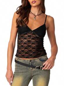 Women Crop Floral Lace Camisole Summer Backless Spaghetti Strap Tank Tops Sleeveless T-Shirt For Streetwear Clubwear - màu đen - Xem 2