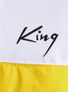 Tween Boy 2pcs/Set Sports Summer Loose Letter "KING" Print Patchwork Colorblock Round Neck Short Sleeve Top And Pants Set, 7-11 Years Old - Yellow - View 5