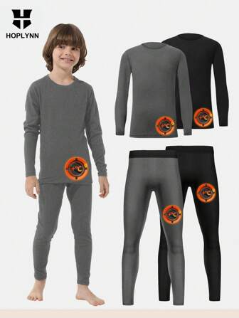 4pcs Tween Boy Winter Thermal Compression Underwear Double-Sided Fleece Top Pants Suit