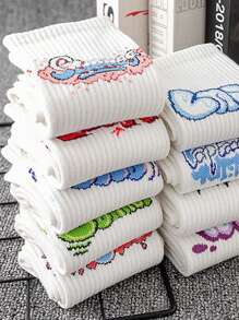 1 Pair/3 Pairs/5 Pairs/9 Pairs/15 Pairs Random White Graffiti Unisex Mid-Calf Socks, Couple Socks, Fall - Multicolor - View 5