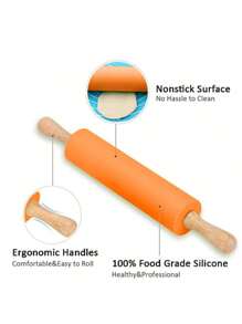 1pc Silicone Rolling Pin With Wooden Handle, Non-Stick Dough Roller
