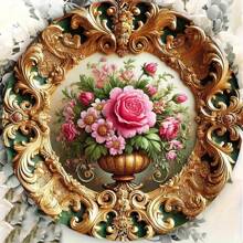 复古金色花卉圆形盘状墙饰，复古风格招牌画，室内/室外皆宜，趣味墙面艺术，适用于家居、餐厅、咖啡馆、车库装饰，随机孔洞设计 - 彩色 - 查看 4