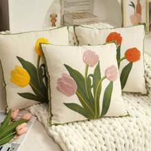 1 件郁金香花朵抱枕套，3D 刺绣图案，四季通用抱枕套，适用于沙发、卧室、客厅、户外花园装饰、婚礼客厅装饰。房间装饰用品、家居装饰、客厅装饰、抱枕、枕套（粉色、橙色、黄色、紫色）（不含内衬） - 彩色 - 查看 4