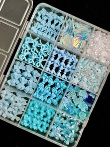 1盒随机混合蓝色ABS蝴蝶结、花朵、珍珠、闪亮贝壳片美甲装饰品，超仙女美甲饰品DIY美甲用品 - 彩色 - 查看 6