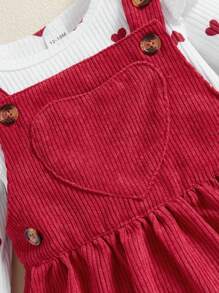 Baby Girls 2 Piece Suit Heart Pattern Ruffle Long Sleeve Round Neck Romper + Suspender Skirt - Rose Red - View 5