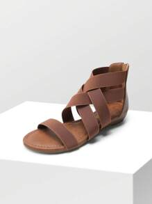 Women's Low Wedges Sandals Elastic Ankle Strap Style Cute Gladiator Sandals With Back Zipper Versatile Beach Wedding Summer Vacation Flat Sandals Shoes - 棕色 - 查看 6