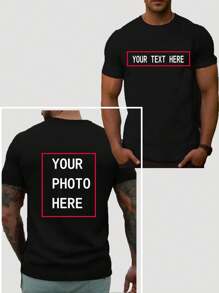 [High-End Customization] Men's Black And White T-Shirts With Personalized Designs. Users Can Freely Upload Personal Photos, Anime Characters, Couple Photos, Cute Pet Photos, Or Art Patterns. The Designs Combine Centered Creative Text On The Front With A Full-View Image On The Back, Offering Original DIY Personalized Printing Services. Names, Dates, Personalized Slogans, Or Hand-Drawn Designs Can Be Printed - Black - View 1