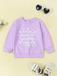 Girl Christmas Sweatshirts Toddler Casual Letter Print Crew Neck Long Sleeve Pullovers Tops Child Loose Fit Shirt - Purple - View 1