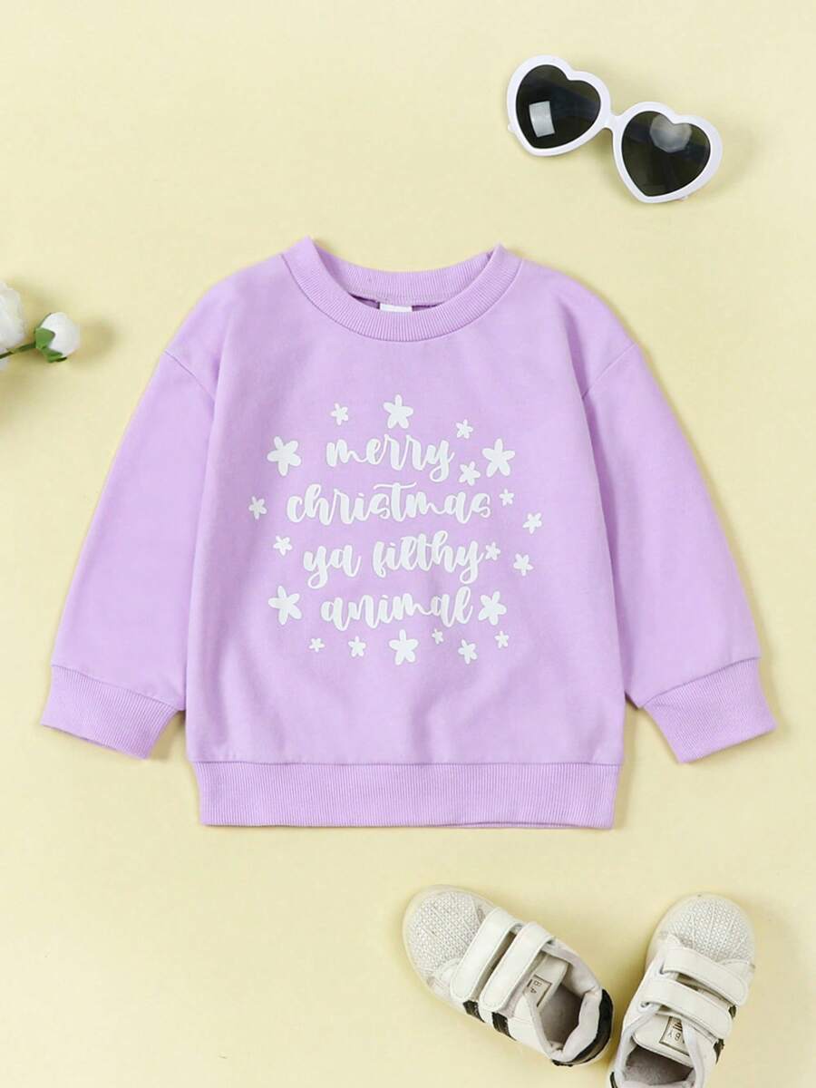 Girl Christmas Sweatshirts Toddler Casual Letter Print Crew Neck Long Sleeve Pullovers Tops Child Loose Fit Shirt - Purple - View 1