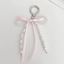 Elegant Beaded Ribbon Bow Keychain - Fashionable Bag Accessory Y2K Bows - Pink - View 7