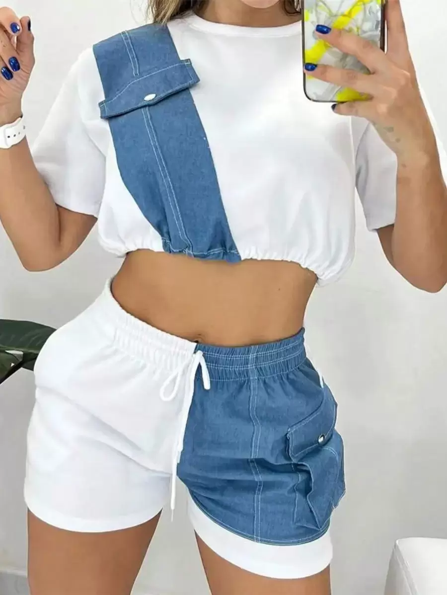 DENIM PATCH SHORT SLEEVE TOP DRAWSTRING SHORTS SET