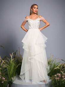 Off-The-Shoulder High-End Pearl Beaded Mesh Wedding Dress,Bride - White - View 1
