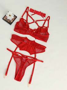 Woman's Lingerie Greener Mesh See Through Garter Bra Set Of 3 - 紅色 - 查看 2