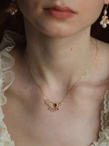 1 件装欧美轻奢时尚流苏镶嵌钻石钥匙心形女士项链宴会聚会礼物送朋友 - 金黃色 - 查看 4