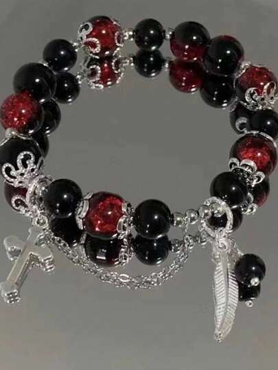 1pc Gothic Cross & Feather Crystal Beaded Bracelet, Black & Red Dark Style, Natural Crystal Accessory (Feather & Cross Random), Elegant Friendship Gift, Suitable For Women Daily/Wedding/Holiday/Beach Wear
