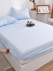 1 Set 3pcs Light Blue Soft Cotton Fitted Sheet Set, Suitable For Bedroom, Guest Room