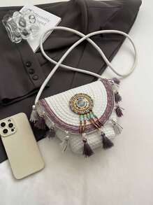 2025 New Spring And Summer Fashion Woven Small Bag Ladies Fashion Straw Semi-Circular Bag High Sense Joker Messenger Bag - Multicolor - View 11