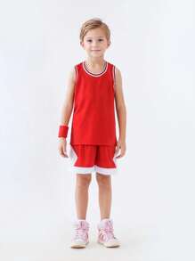 Set de uniforme de baloncesto infantil de 2 piezas, jersey de baloncesto personalizado, parte superior sin mangas de verano con número personalizado, conjunto de jersey rojo para niños, uniforme de equipo de competición de baloncesto, parte superior sin mangas con texto personalizado, jersey de baloncesto para niños y niñas, conjunto de baloncesto de verano para niños