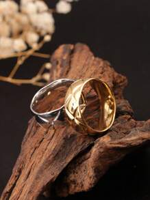 1 件钻石网格宽钛钢戒指，金色/银色，时尚个性化，适合女性，日常佩戴和派对礼物 - 菱格紋寬版戒指 - 查看 4