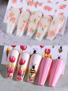 6pcs 3D Pink Flower Nail Sticker, Spring Lily Tulip Peach Rose Cherry Blossom Decals Slider Nail Decoration Tips, DIY Manicure Art Accessories Tools For Salon - Multicolor - View 9