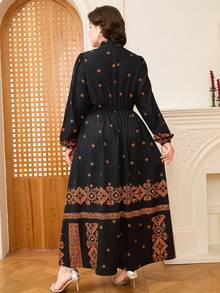 DEARCASE Plus Size V-Neck Long Sleeve Printed Minimalist Midi Dress - Multicolor - View 2