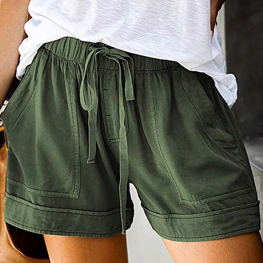 Women's Casual Shorts High Waist Casual Shorts Tie Elastic Waist - 綠色 - 查看 1