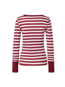 Women's Ribbed Stripe Long Sleeve Top - Scoop Neck Slim Fit Stretch Knit Tee For Fall  Winter - Đỏ - Xem 5