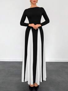 Women's Elegant Sexy Off-Shoulder Black And White Color Block Long Sleeve Dress - Black and White - View 1