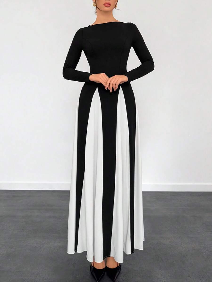 Women's Elegant Sexy Off-Shoulder Black And White Color Block Long Sleeve Dress - Black and White - View 1