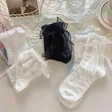 6 Pairs Of Whimsical Bow Ruffled Lace Trim Mid Tube Socks - Women's Japanese Style Stockings & Hosiery With Sweet Details - Perfect For Casual Wear, Gift Idea, And Year-Round Fashion - Multicolor - View 3