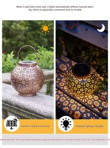 1pc Solar Powered Iron Lantern With Hollow Design - Multifunctional Outdoor Decoration Suitable For Garden, Patio, Balcony And Lawn - Energy Saving, Easy Installation, Creating Holiday Ambience