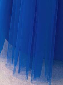 Young Girls Long Sleeve Embroidered Metallic Ribbon & Mesh Elegant Princess Dress, Suitable For Banquet And Holiday Celebration, Fabric Pattern Randomly Cut, Headband Not Included - Royal Blue - View 8