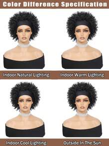 Parrucca con fascia nera con frangia per capelli afro corti sintetici, parrucca con fasce a righe bianche e nere, parrucca nera naturale con fascia attaccata, parrucche riccio crespo di 4 pollici
