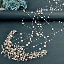 1pc Elegant Silver Pearl Crystal Tassel Headband, Handmade Shiny Bridal Headdress Accessories Suitable For Wedding, Party, All Seasons
